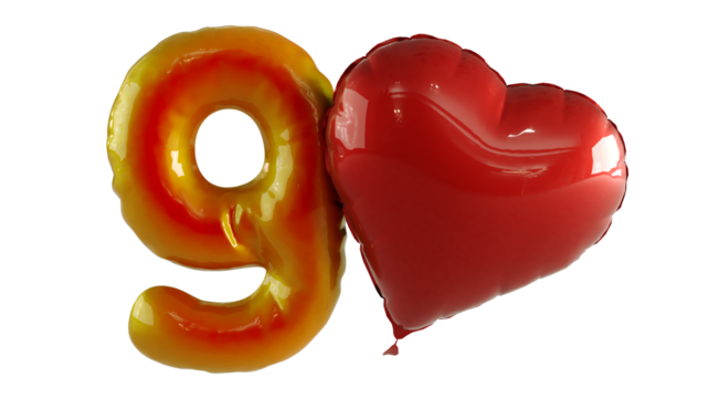 Numbers nine Balloon with red heart Isolated on transparent background