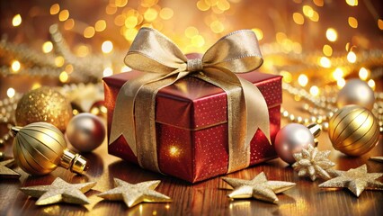 A festive red gift box adorned with a golden bow, surrounded by shimmering ornaments and twinkling lights, evokes the magic of the holiday season.