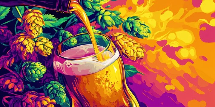 A bold and colorful pop art illustration of beer pouring into a glass surrounded by vibrant hops and swirling, energetic background patterns
