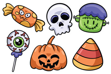 Set of Hand drawn halloween cartoon element. collection of candy, skull, zombie, pumpkin Isolated Vector