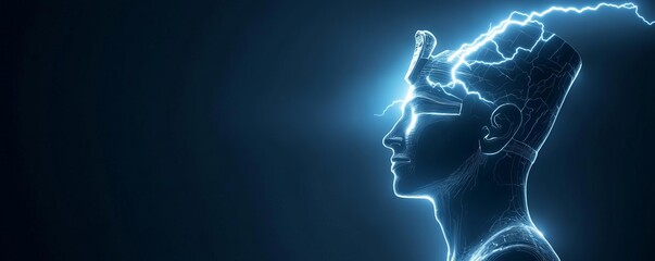 Lightning hitting ancient statue, glowing electric aura in storm, 3D illustration