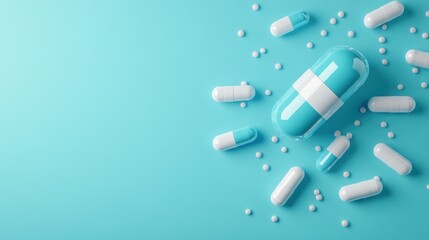 A prominent large blue capsule is encircled by smaller white capsules, emphasizing concentrated strength and the focus of modern medical treatments.