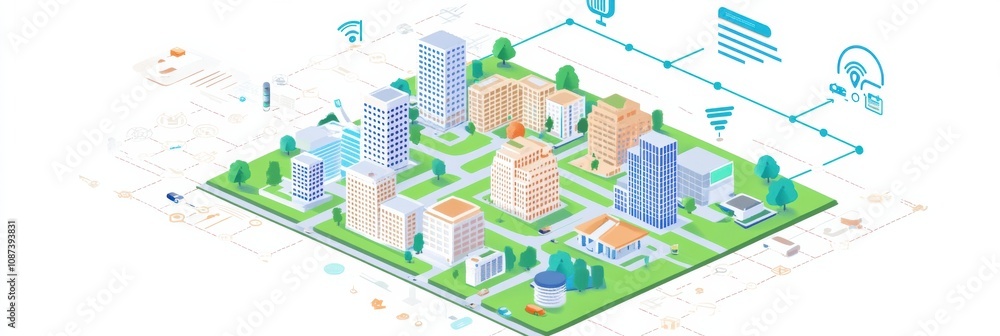 Aufkleber this smart city showcases modern buildings linked through an ai network, promoting connectivity and 