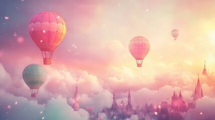 Obraz premium Colorful hot air balloons float amidst dreamy clouds and a pastel sky, creating a whimsical, enchanting scene.