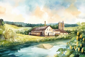 A watercolor illustration of a brewery with industrial silos by a serene river, surrounded by golden fields and green hills under a softly lit sky