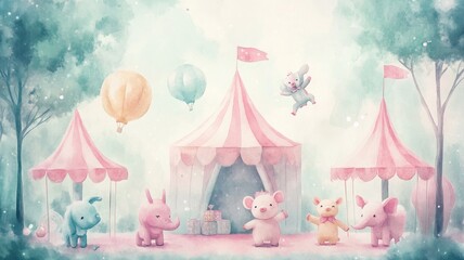 A whimsical scene featuring colorful animals at a carnival, with tents and hot air balloons, set in a dreamy, pastel-colored landscape.
