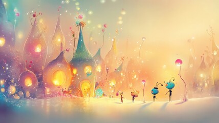 A whimsical village scene with colorful, glowing houses and playful figures, set against a dreamy, pastel background.