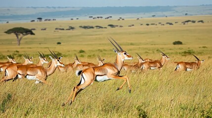 Fototapeta premium A herd of graceful gazelles leaping across the golden savanna.