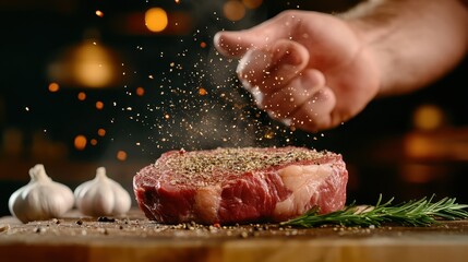 Image capturing a raw steak being seasoned with spices by a person's hand, highlighting the freshness and quality of the meat, set against a rustic background.