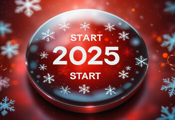 red round button with the inscription "Start 2025" on a blurred background with falling snowflakes