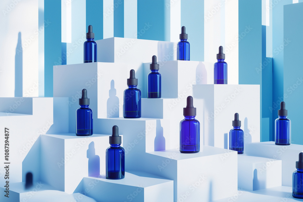 Poster row of blue bottles are displayed on a white pedestal. the bottles are all the same color and are ar