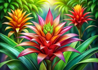 Fototapeta premium Stunning Bromeliaceae Plant Illustration Showcasing Vibrant Colors and Intricate Details for Botanical Art Lovers and Nature Enthusiasts