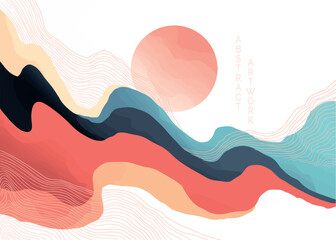 abstract japanese landscape on light background with gradient, semi watercolor	