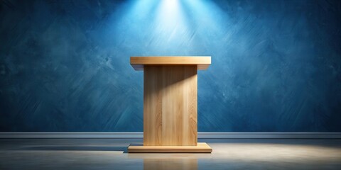 A simple wooden podium stands alone in a room with a blue textured wall and a bright spotlight overhead