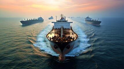 Merchant navy oil tanker surrounded by support vessels as it crosses an international shipping lane.