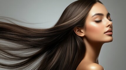 Fototapeta premium Woman with Long Flowing Brown Hair and Closed Eyes