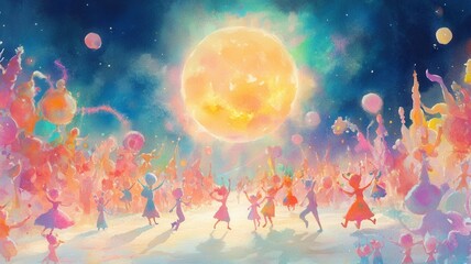 Fototapeta premium A vibrant, colorful celebration under a bright moon, featuring joyful figures dancing amidst swirling lights and whimsical elements.