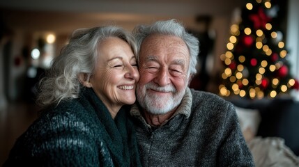 An elderly couple is embracing each other joyfully, sitting beside a Christmas tree with lights, symbolizing warmth, love, and festive cheer in the holiday season.