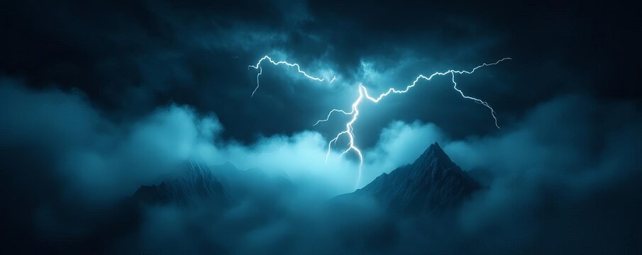 Lightning illuminating foggy mountain pass, eerie atmosphere, 3D illustration