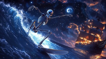 A skeleton surfs a massive wave under a starry sky, with a burning pirate ship in the background