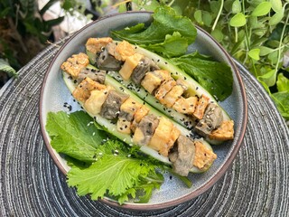 Grilled esame mixed soy tofu salad with cucumber