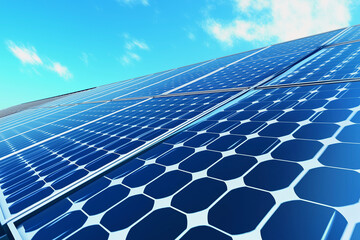 solar panel with a blue sky in the background. The solar panel is made up of many small squares