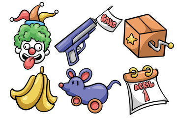Set of Hand drawn april fools day cartoon element. collection of joker, prank gun, surprise box, banana, mouse, calendar Isolated Vector