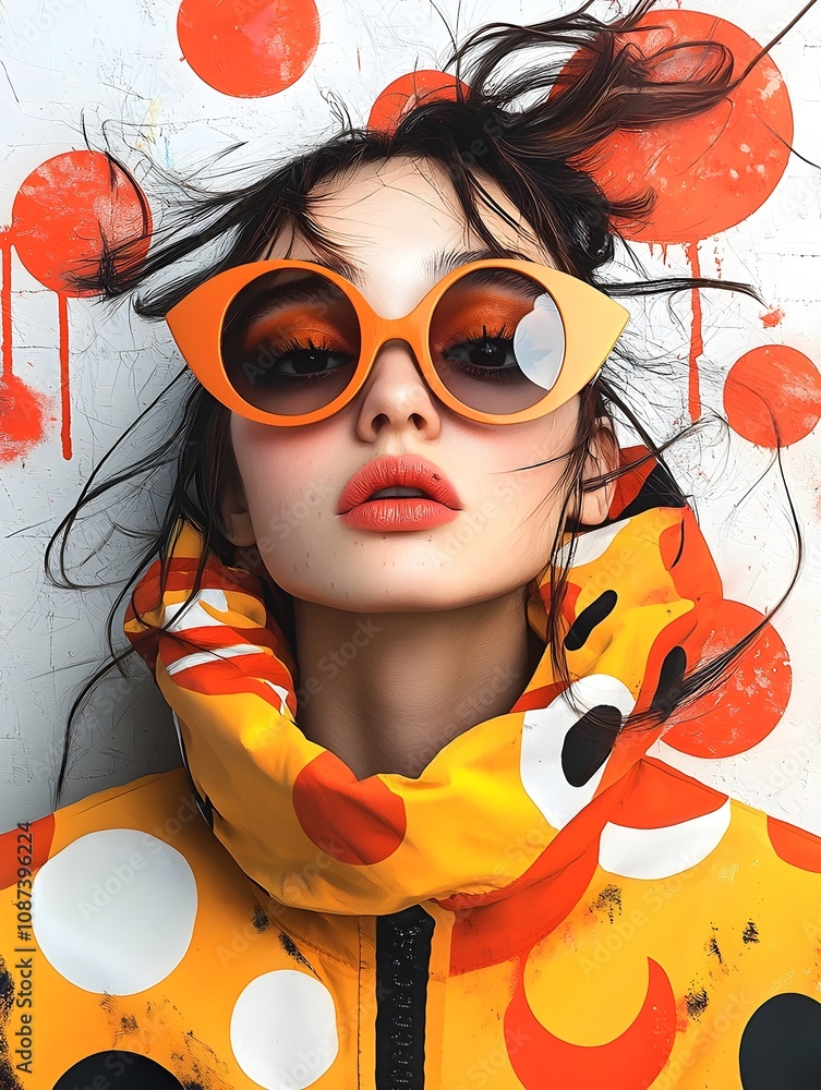 Poster retro pop art woman with striking features emotive poses and surreal psychedelic patterns in a satur