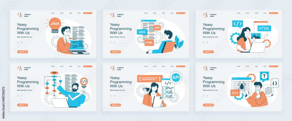 Aufkleber Programming concept of landing page with slide templates set in flat design. Website headers with people coding on computer, creating scripts and algorithms, developing programs. Vector illustrations.