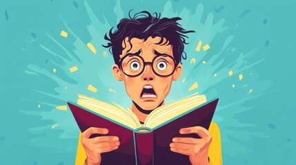 An animated boy with exaggerated features and large eyes, looking shocked or surprised while reading a book, with yellow pages flying out and a vibrant blue background