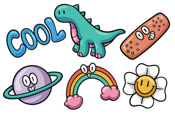 Set of Hand drawn trendy cartoon element. collection of Cool, dinosaur, plaster, saturn, rainbow, flower Isolated Vector