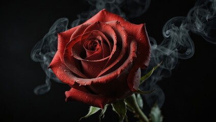 Red rose wrapped in smoke swirl on black background 