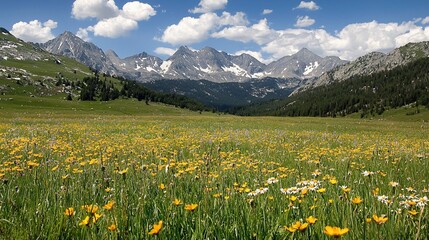 Lush Mountain Valley with Wildflowers Under a Blue Sky