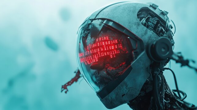 A futuristic cyborg with a digital-brained head beneath a helmet, adorned with binary code as eyes under an environment suggesting a virtual or digital space.