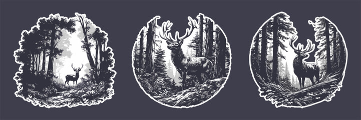 deer vintage engraving sticker. wild horned animal in forest, male ungulate mammal reserve trees thicket tourism ecology nature protection vector illustration