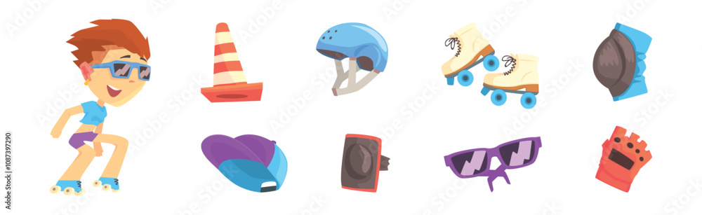 Poster roller skating object and colorful attributes vector set