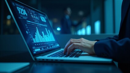 Hands typing on a laptop displaying futuristic data visualizations and charts. Perfect for themes on data analysis, business intelligence, and modern technology in professional environments.