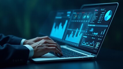 Hands typing on a laptop displaying futuristic data visualizations and charts. Perfect for themes on data analysis, business intelligence, and modern technology in professional environments.