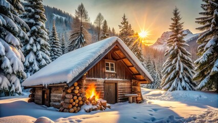 A Cozy Wooden Cabin Nestled Amidst Snow-Covered Pines and Bathed in the Golden Hues of a Winter Sunset