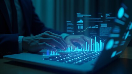 Hands typing on a laptop displaying futuristic data visualizations and charts. Perfect for themes on data analysis, business intelligence, and modern technology in professional environments.