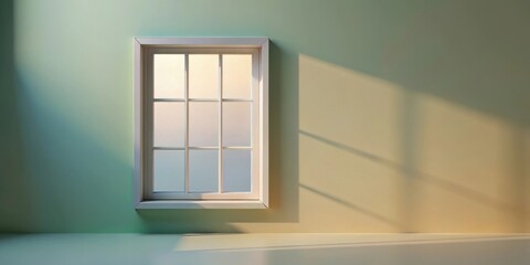A single window with a white frame and multiple panes casts long shadows on a pale green wall.