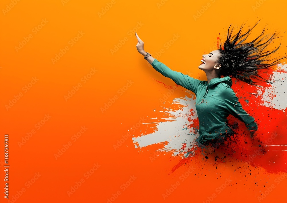 Poster energetic and expressive retro inspired pop art portrait of a young woman leaping with a dynamic pla