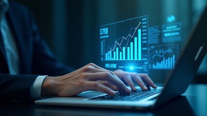 Hands typing on a laptop displaying futuristic data visualizations and charts. Perfect for themes on data analysis, business intelligence, and modern technology in professional environments.