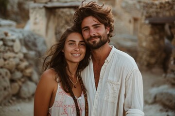 Obraz premium Portrait of a satisfied couple in their 20s wearing a simple cotton shirt isolated in backdrop of ancient ruins