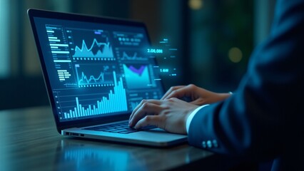 Hands typing on a laptop displaying futuristic data visualizations and charts. Perfect for themes on data analysis, business intelligence, and modern technology in professional environments.