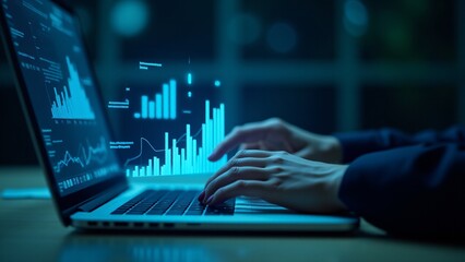 Hands typing on a laptop displaying futuristic data visualizations and charts. Perfect for themes on data analysis, business intelligence, and modern technology in professional environments.