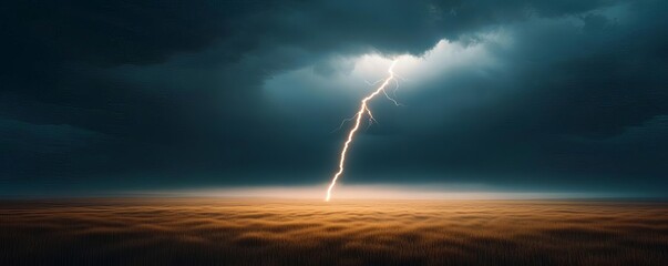 Lightning strike illuminating open field, rainstorm creating misty haze, 3D illustration