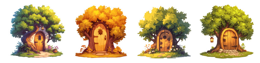 door in tree. fantasy forest dwelling cartoon set, oak summer imagination magical cozy fairytale house vector illustration
