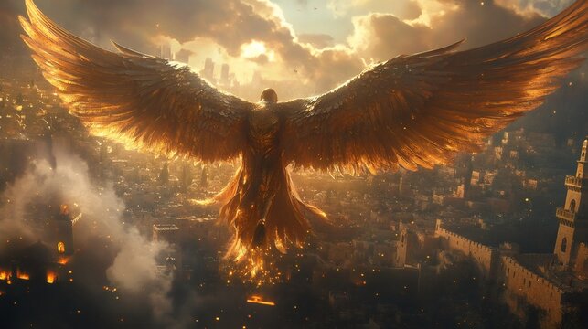 mythical creatures, artistic portrayal of buraq with intricate wings and a regal gaze, soaring towards heavens, against jerusalems skyline