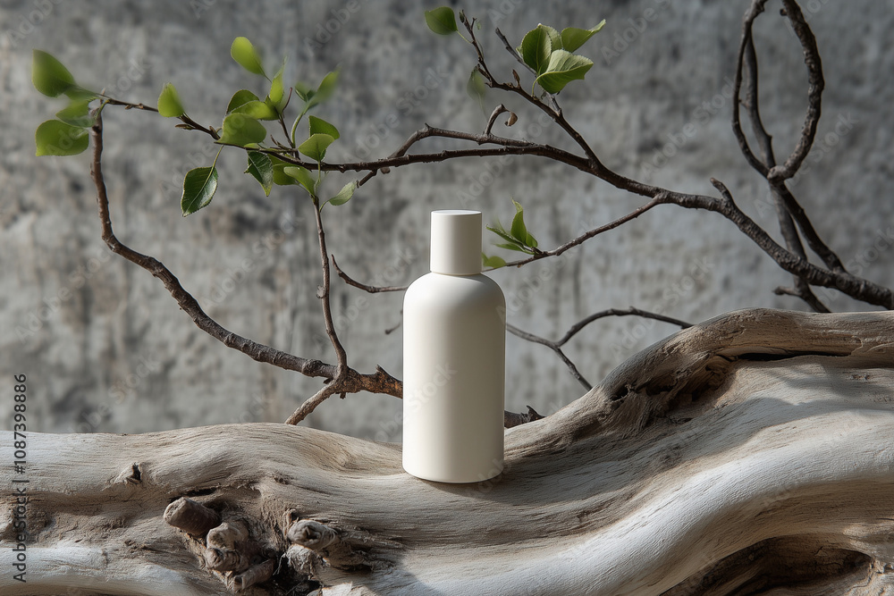 Poster bottle of lotion sits on a log next to a tree. the bottle is white and the log is brown.